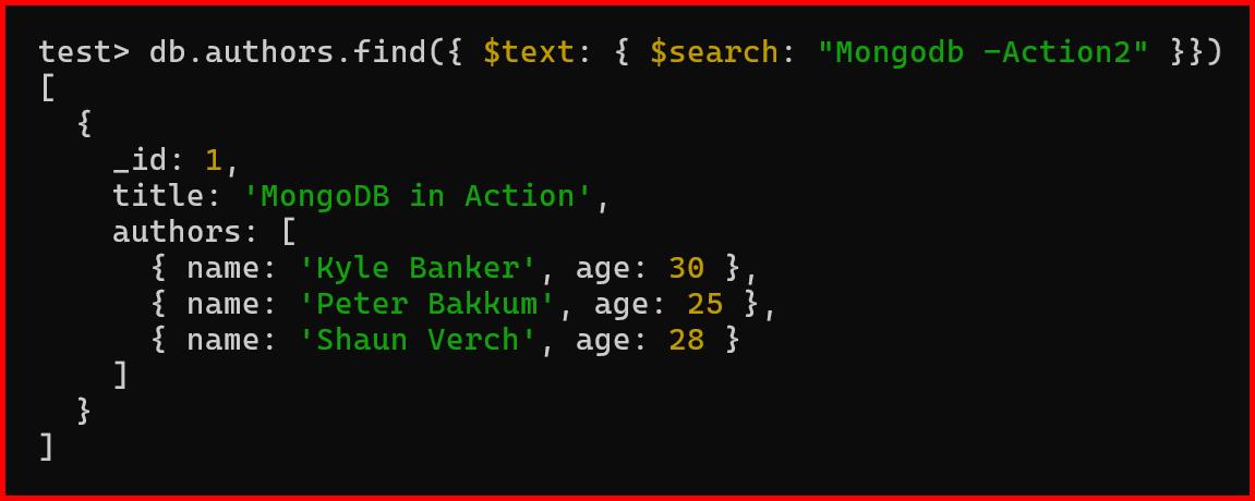 Picture showing the output of exclusion operator of text search in mongodb